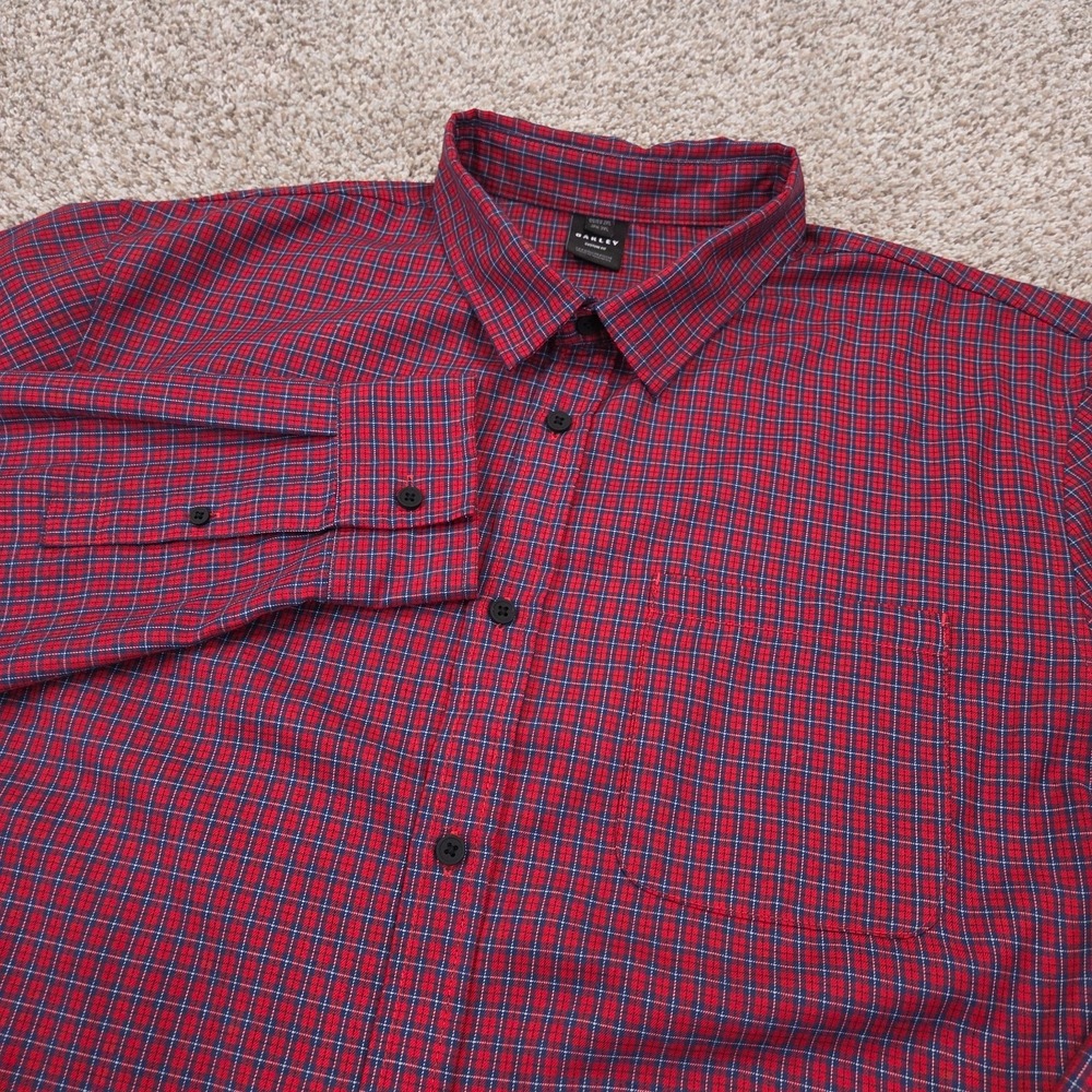 Oakley Plaid Button Up Shirt Mens 2XL Collared Red Blue Check W/ Chest Pocket